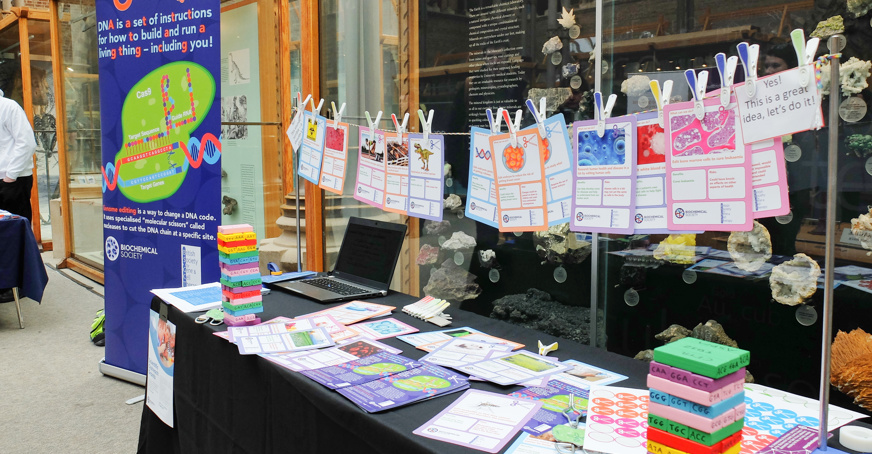 一个生物化学协会站在一个公众参与展览会上，展示了一系列活动。