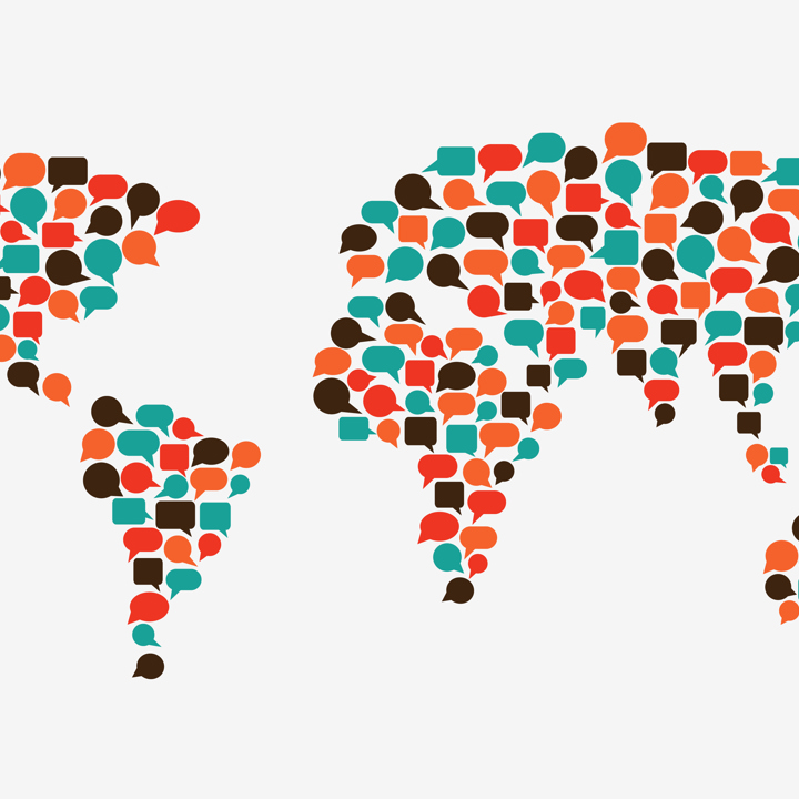 A stylized world map and a group of different people looking upwards
