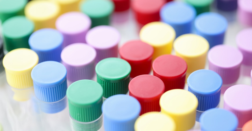 Closeup of multicolored test tubes in chemical laboratory