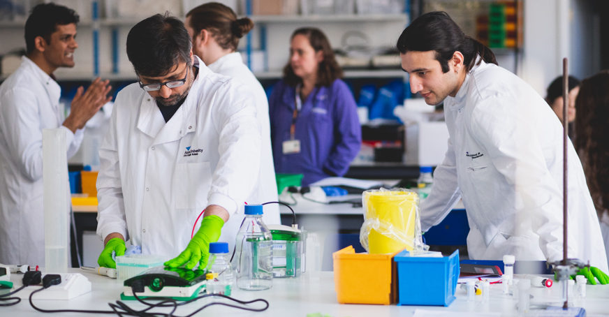 Biochemists in a lab undertaking a Biochemical Society training exercise