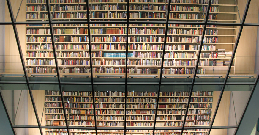 现代图书馆环境中从地板到天花板的书籍墙