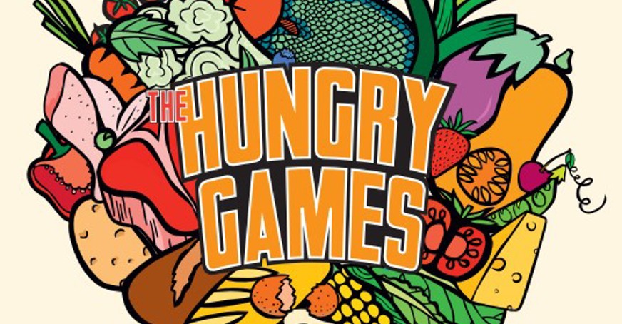 The hungry games logo surrounded by different types of food.